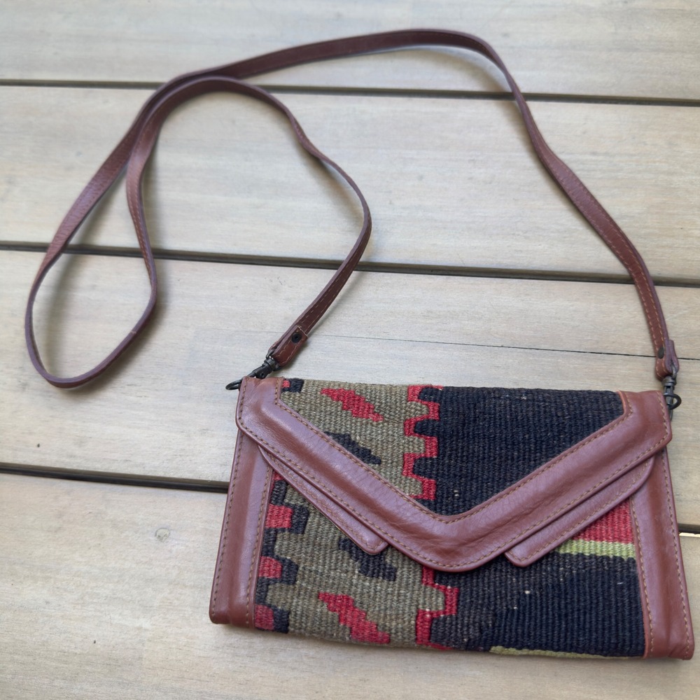 Vintage Turkish Kilim Leather Crossbody Bag Wallet Made in Turkey Brown Red